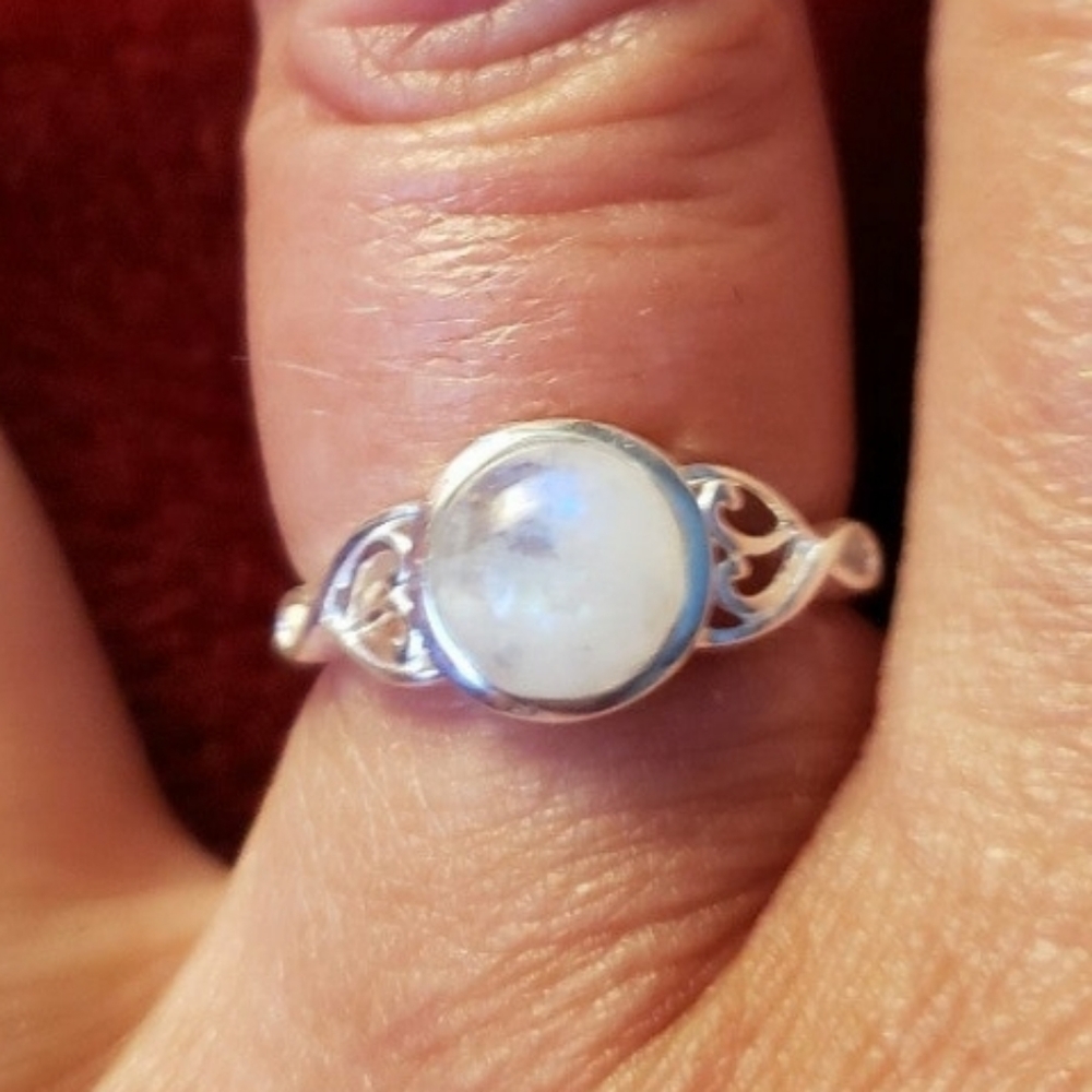 SOLDDainty Genuine Rainbow Moonstone Solitaire Ring in Sterling  Silver - Picture 5 of 9